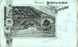 1906 Herkulesfürdő, Baile Herculane; vízesés és híd. Raichl Sándor kiadása / waterfall and bridge. Art Nouveau, floral, litho (kis szakadás / small tear)