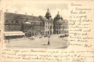 1899 Kolozsvár, Cluj; Fő tér, Reményik L. és fia, Böckel, Jeney Lajos üzlete. Bizományi Antiquár és könyvkereskedés kiadása / main square, shops
