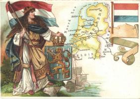 Map of the Netherlands, flag, coat of arms, litho