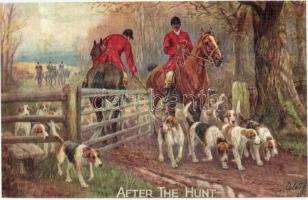 After the hunt Hunters on horseback with dogs, Raphael Tuck & Sons Oilette Postcard No. 3194, artist signed