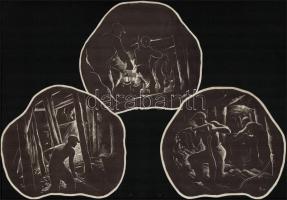 PV jelzéssel: Bányász életképek '49, 9 db fametszet, papír, jelzettek a dúcon, hátuljukon pecsé...