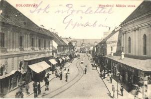 1906 Kolozsvár, Cluj; Wesselényi Miklós utca, Csízhegyi S., Pap Ernő, Kovács József üzlete / street view with shops (EK)
