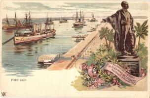 Port Said, Inauguration de le Statue de Ferninda de Lesseps / satue, ships, litho (b)
