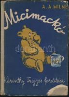 A.A.Milne: Micimackó. Fordította: Karinthy Frigyes. Ernest Shepard képeivel. Bp.,(1957),Kossuth, 123 p. Kiadói illusztrált félvászon-kötés, megviselt állapotban, kopott, sérült borítóval, a hátsó borítón és a könyvben gyerekrajzzal, színezéssel.