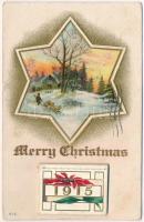 1915 Merry Christmas greeting art postcard with calendar applique. Emb. litho (worn corners)
