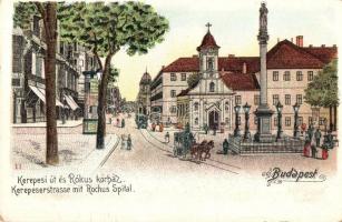 1906 Budapest VIII. Rákóczi út (Kerepesi út) Rókus kórház, templom, villamos. litho