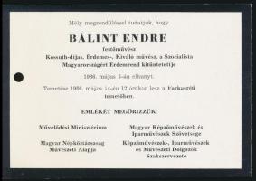 1986 Bálint Endre (1914-1986) Kossuth-díjas, Érdemes és Kiváló művész, festőművész, grafikus halálozási értesítője, lyukasztásnyommal