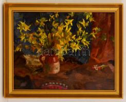 Vidéky Brigitta (1911-?): Virágos csendélet, olaj, karton, jelzett, fa keretben,35×45,5 cm