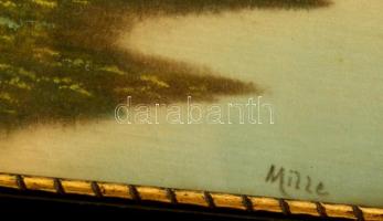 Mille jelzéssel: Tájkép, festett selyemkép, üvegezett fa keretben, 22,5×17 cm