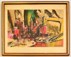 Csernus jelzéssel: Festői csendélet, akvarell, papír, paszpartuban, üvegezett fa keretben, 20×28 cm