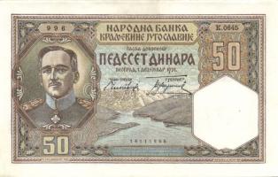 Jugoszlávia 1931.12.1. 50D T:II+ Csak egyszer hajtva!