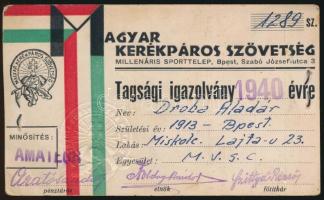 1940 a Magyar Kerékpáros Szövetség fényképes éves tagsági igazolványa Droba Aladár (?-?) amatőr versenyző részére