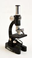 Retró Ofotért mikroszkóp, üveg tárgylemezzel, eredeti fa dobozában, m:19 cm