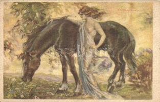 Lady with horse. Italian art postcard. Uff. Rev. Stampa Milano 439-1. s: T. Corbella