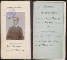 1906-1911 Bécsi Egyetemi (K.K. Universität zu Wien) jogi leckekönyve, benne aláírásokkal, 9 db 30 helleres osztrák okmánybélyeggel, bélyegzésekkel