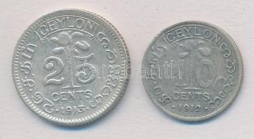 Ceylon 1912. 10c Ag + 1913. 25c Ag V. György T:2,2- Ceylon 1912. 10 Cents Ag + 1913. 25 Cents Ag George V C:XF,VF