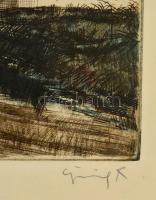 Görög Rezső (1930- ):Dűlő út. Színes rézkarc, papír, jelzett, üvegezett fa keretben, 22×33 cm