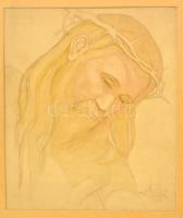 Kacziány Aladár (1887-1978): Krisztus fej. (Tanulmány). Akvarell-ceruza, papír, foltos, 39×33 cm