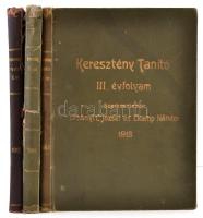 1911-1913 Keresztény Tanító. I-III. évfolyamok. I. évf. 1-19. sz., II. évf. 1-24. sz., III. évf. 1-24. sz. A Keresztény Tanítók Országos Egyesületének Közlönye. Szerk.: Cserny József, Ekamp Nándor. Bp., Stephaneum Nyomda Rt. Korabeli egészvászon-kötés, kopott borítókkal, sérült gerincekkel, kissé foltos lapokkal, egy kijáró lappal. A folyóirat kéthetente, 1911. február 25. és 1914. július 25. között jelent meg. Ritka!