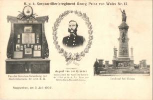 1907 Nagyszeben, Hermannstadt, Sibiu; Cs. és kir. 12. sz. Georg Prinz von Wales hadtest-tüzérezred, August van der Groeben vezérőrnagy és a 4/12-es tarack osztag emlék gyűjteménye, emlékmű Chlumnál / K.u.K. Korpsartillerieregiment Georg Prinz von Wales Nr. 12., August van der Groeben, Van der Groeben-Sammlung der Haubitzbatterie Nr. 4/12. K.R., Denkmal bei Chlum /  K.u.K. military artillery regiment and its statue and memorial collection