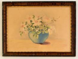 Ica jelzéssel:Virágcsendélet. Akvarell, papír, üvegezett keretben, 21×29 cm