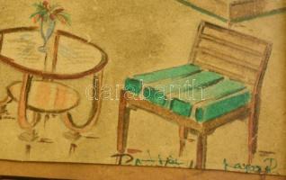 Olvashatatlan jelzéssel: Szoba belső. Akvarell, papír, sérült, üvegezett keretben, 21×30 cm