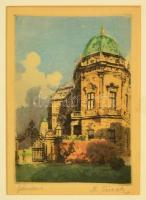 Karl Tucek (1889-1952): Belvedere, színezett rézkarc, papír, jelzett, paszpartuban, üvegezett fa keretben, 16,5×12 cm