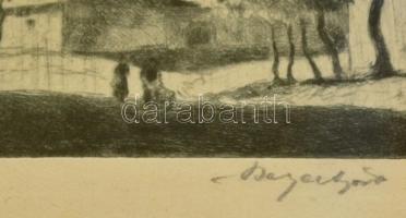 Bajor Ágost (1892-1958): Az esztergomi bazilika, rézkarc, papír, jelzett, üvegezett fa keretben, 12×...