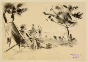 Ducsay Béla (1893-1967): Strandon. Szén, papír, jelzett, 21×34 cm