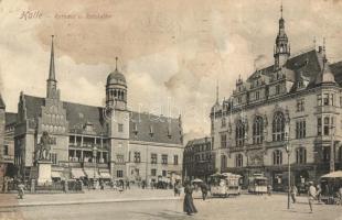 Halle, Rathaus und Ratskeller, C.E. Ritter, F. Saatz, Damen und Madchen Confection, Gans / town hall, restaurant, shops, trams (fl)