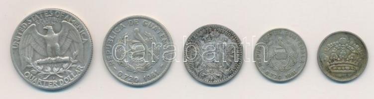 5db-os vegyes külföldi ezüstpénz tétel, közte Ausztria 1872. 10kr Ag "Ferenc József"; Guat...