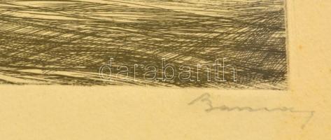 Barcsay Jenő (1900-1988): Alföldi táj, rézkarc, papír, jelzett, üvegezett fa keretben, 15×22 cm