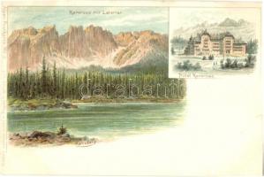 Latemar (Südtirol); Karersee, Hotel Karersee, Verlag von Louis Glaser, Alpen-Postkarte No. 8. / lake, hotel, litho, s: H. Heubner