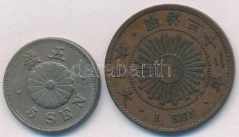 Japán 1890. 5s Cu-Ni + 1899. 1s Br "Meidzsi" T:2
Japan 1890. 5 Sen Cu-Ni + 1899. 1 Sen Br...