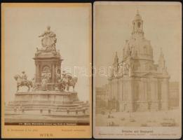 cca 1880 2 db keményhátú fotó: a drezdai Frauenkirche (Hermann Krone) és a bécsi Mária Terézia-emlékmű (M. Frankenstein & Co.), 16,5×11 cm