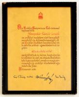 1941 Az Erdélyi Szépmíves Céh díszes oklevele Hoszpodár László részére, nyomtatott aláírásokkal, üvegezett fa keretben, keret: 32x25 cm.