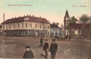 1911 Orosháza, Ágostai evangélikus templom, tér, Szilágyi és Társa női divatáruháza, üzletek (EK)