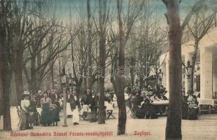 Budapest XII. Zugliget, Domschitz József Fáczán-vendéglője, kerthelyiség vendégekkel és pincérekkel (EK)