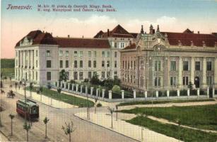 Temesvár, Timisoara; M. kir. főposta, Osztrák-magyar bank, villamos / main post office, Austro-Hungarian bank, tram