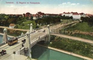Temesvár, Timisoara; Új Béga híd, Postapalota, villamos / new bridge across the Bega River, post palace, tram (EK)