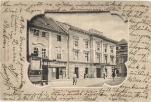 1902 Temesvár, Timisoara; Szent György tér, Lenz J. szállodája, kávéháza és sörcsarnoka, Rosner Márk üzlete, villamos / square, hotel, cafe and beer hall, shop, tram, Art Nouveau (EK)