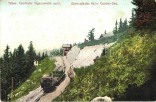 Tátra, Magas Tátra, Vysoké Tatry; Csorbatói fogaskerekű vasút, gőzmozdony. Cattarino S. utóda Földes Samu kiadása / funicular railway station, locomotive (fl)