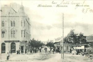 1900 Komárom, Komárnó; Baross utca, Stettler Ignácz üzlete, piac / street view with shops, market