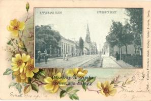 1900 Eszék, Esseg, Osijek; Kapucinus utca. Virágos litho keret / Kapucinska ulica / Kapuzinergasse / street view. Floral litho frame