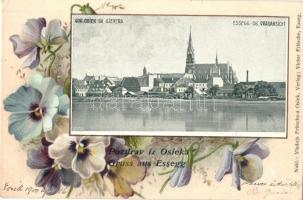 1900 Eszék, Esseg, Osijek; Virágos litho keret / Gor. Osiek sa sjevera / Ob. Drauansicht. Floral litho frame (EK)