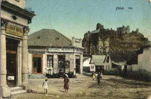 1914 Fülek, Filakovo; vár, Wohl Manó Vasárú raktára, Edelstein Jenő üzlete / castle, shops (EK)