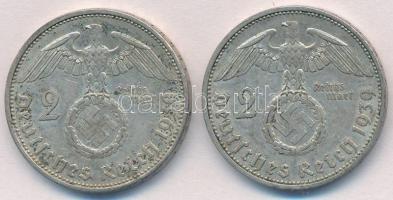 Német Harmadik Birodalom 1939A 2M Ag "Hindenburg" (2x) T:2 
German Third Reich 1939A 2 Ma...
