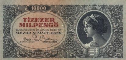 1946. 10000MP(2x) egyiken sorszámok utolsó számjegye felfelé csúszva, másikon hátoldali fehér folt (...