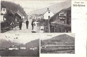 1899 Csíkgyimes, Gyimes, Ghimes; vasútállomás, templom, csendőrök a határon / railway station, church, gendarme on the border (vágott / cut)