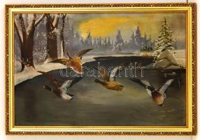 Rutieh jelzéssel: Kacsák a tó felett. Olaj, vászon, keretben, 45×70 cm
